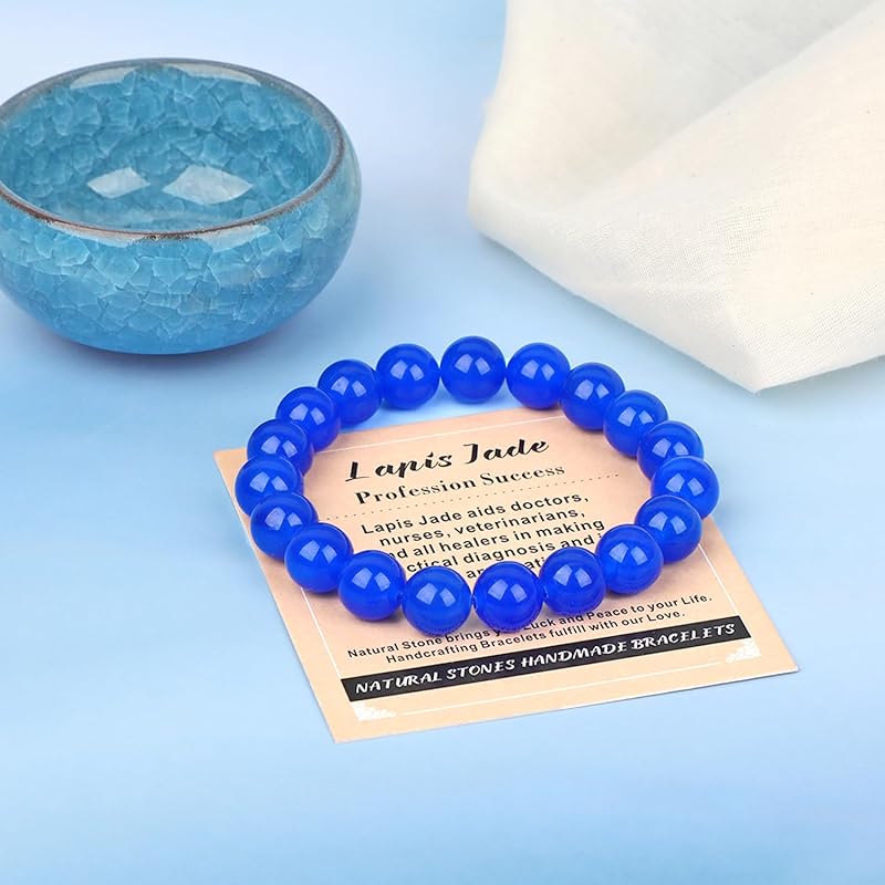 AD Beads Handmade Gemstone Stretch Elastic Bracelet Crystal Healing Reiki Nature's Beauty and Spiritual Essence Unisex (10mm, Blue Lapis Jade (Profession Success))
