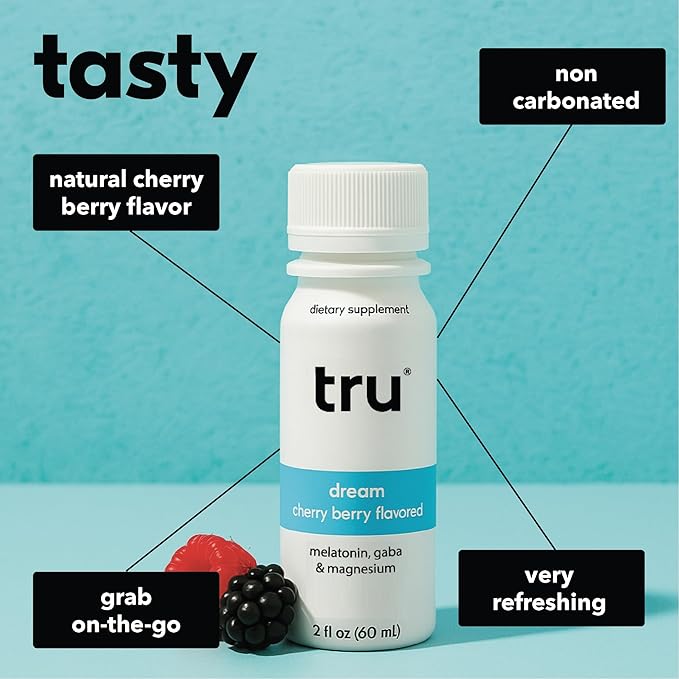 Tru Dream Shot, Extra Strength Sleep Supplement with Melatonin, GABA, Chamomile & Magnesium, Cherry Berry Flavored Wellness Drink, Gluten Free, Vegan, Caffeine & Sugar Free, 2 FL OZ Bottles, 12 Pack
