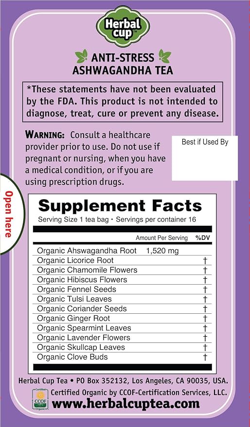 Herbal Cup Ayurveda Ashwagandha Tea, Organic Anti-Stress, No Caffeine Herbal Supplement (16 Count, Pack of 6)