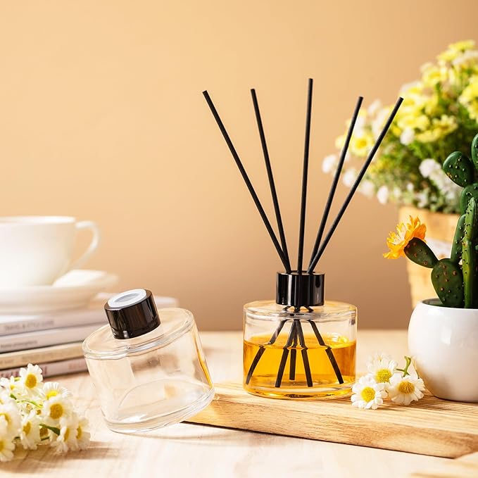 Chunful 10 Sets Reed Diffuser Bottle Empty Refillable Fragrance Glass Diffuser Bottles 100ml Round Glass Jars with Black Caps and Rattan Sticks for Living Room Home Replacement Fragrance DIY Decor