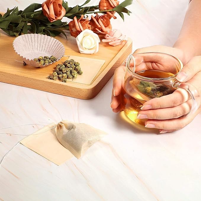 100Pcs Disposable Tea Bags for Loose Leaf Tea, 100% Natural Wood Pulp Paper Material, Empty Unbleached Filter Bags with Drawstring