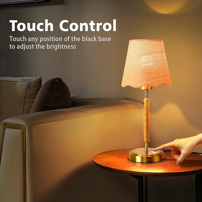 Boho Table Lamp for Bedroom, Touch Control Bedside Table Lamp with Brass Gold Base, Rattan Small Table Lamp for Small Space, Boho Lamp Rattan Lamp, Rustic Desk Lamp for Kitchen Counter, Nightstand