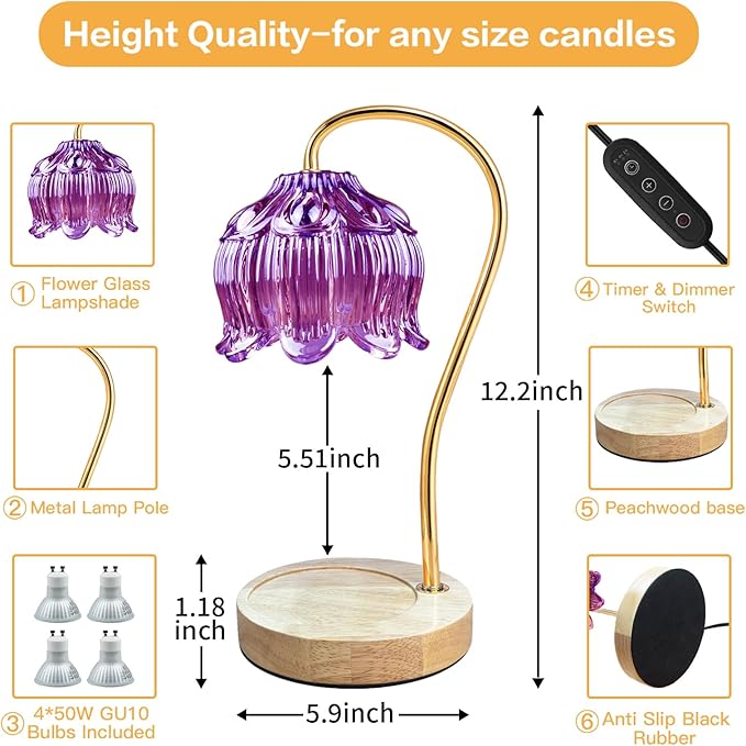 Dimmable Flower Candle Warmer Lamp, Purple Candle Warmer with Timer & 4Bulbs, Womens Gifts for Valentines Birthday, Unique Home Decor for Bedroom Living Room Decor Aesthetic