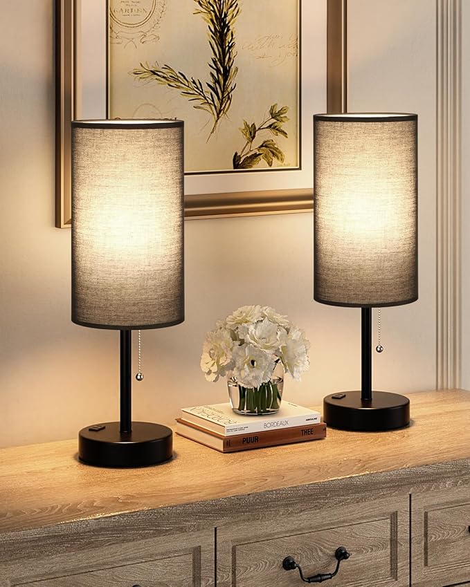 Fenmzee Large Black Bedside Lamps Set of 2-3 Color Temperatures Pull Chain Lamp with AC Outlet Charging Port, Two Round Night Stand Lamps for Bedroom Guest Room Office, Bed Side Light