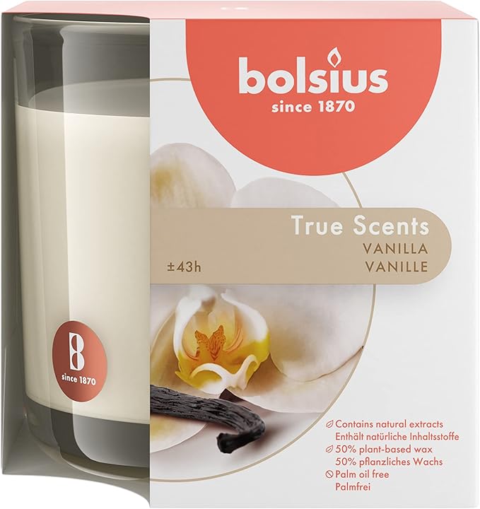 Bolsius Premium Vanilla Scented Candle - Long-Lasting Candle Jar, 43+ Hours Burning Time - Natural Vanilla Candle with Plant-Based Wax- Smokeless. Clean-Burning Aromatherapy Candle - Large, 8oz Jar