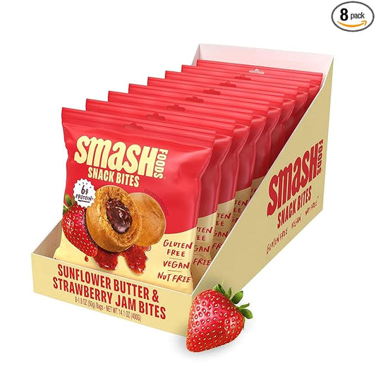 Smash Foods Strawberry Energy Bites | 5 Gluten-Free Vegan Snack Balls with No Sugar Added | 6g Protein, Superfood Jam, Chia Seeds | On-the-Go Convenience | Sunflower Butter & Strawberry | 8 Packs