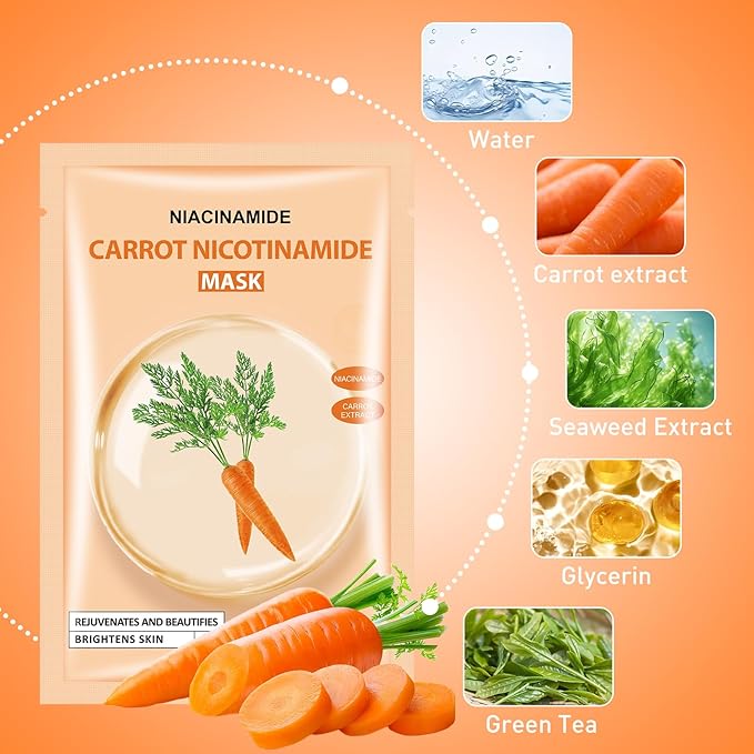 Carrot Nicotinamide Facial Mask for Women,Hydrating Face Mask Sheet Home SPA,Moisturizing Face Sheet Mask for Dry,Oily,Sensitive Skin 30ml（5Pack）