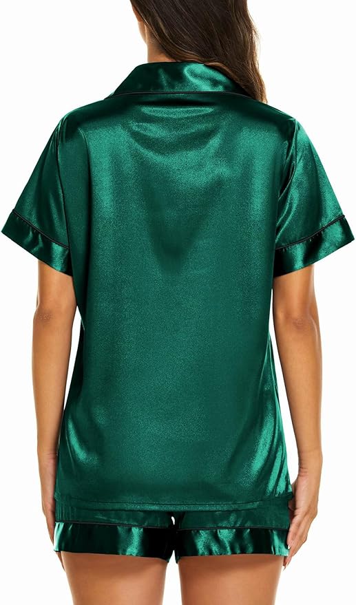 Ekouaer Silk Pajamas for Women Short Sleeve Sleepwear Soft Button Down Loungewear 2 Piece Satin Pjs Shorts Set S-XXL