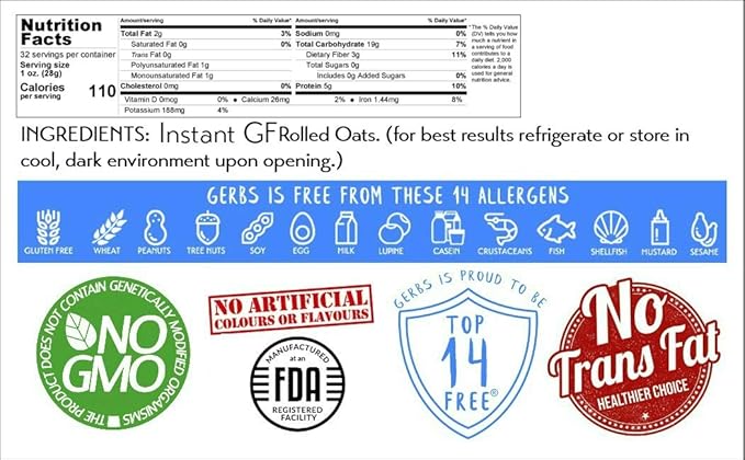 Gerbs Gluten-Free Instant Oats 2 lbs. | Carefully Sourced, Resealable Bag | Smooth & Creamy Texture | Top 14 Allergen-Free