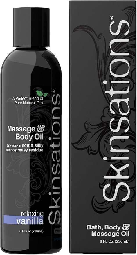Skinsations - Vanilla Massage Oil for Massage Therapy - 8oz | Body Oil for Relaxation, Sore Muscles & Aromatherapy | Sweet Almond, Coconut, Jojoba & Grapeseed Blend
