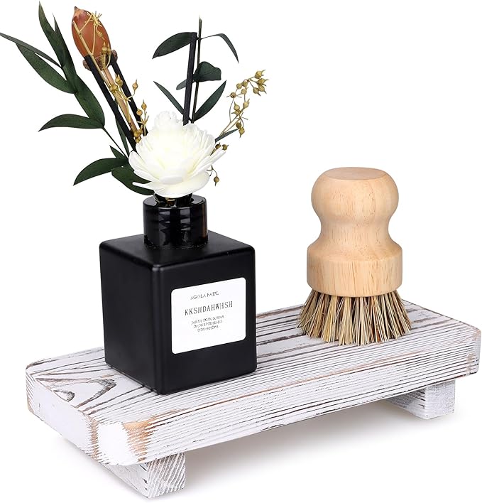 Bathroom Counter Organizer Wooden Display Stand White Pedestal Stand Kitchen Countertop Trays Decoration Small Wood Riser Dish Soap Dispenser Holder for Bathroom Decor Sink Accessories Vanity Tray