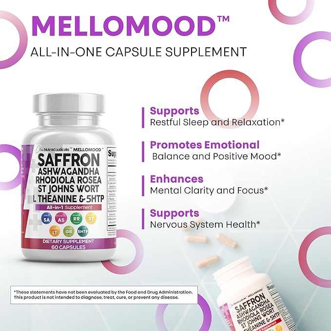 Clean Nutraceuticals Saffron Supplements Extract 100mg + Ashwagandha L-Theanine 200mg - Mood Support Ginkgo Biloba, St. John's Wort, Rhodiola Rosea & 5-HTP Capsules Pills Men Women