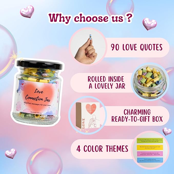90 PCS Love Notes Jar, Long Distance Relationship Gifts, Gifts for Him, Couples Gifts, Gifts for Boyfriend Girlfriend Wife Husband, Gifts for Men, I Love U
