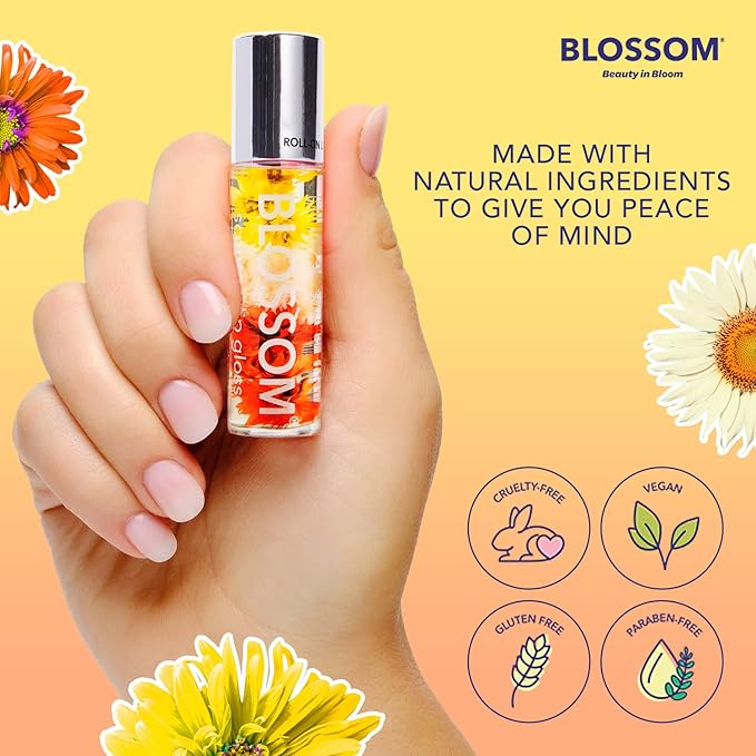 Blossom Roll on Lip Gloss, Gourmand Scented Clear High Shine Moisturizing Lip Oil, Non Sticky, Infused with Real Flowers, Made in USA, 0.2oz, Chocolate Truffle