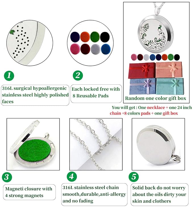Aromatherapy Essential Oil Diffuser Necklace - Stainless Steel Locket Peacock Pendant with 24" Chain 8 Colors Pads for Mother Christmas Birthday Father's Day Women Men