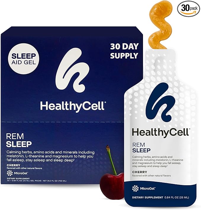 Healthycell REM Sleep Aid Supplement for Adults - Liquid Gel Extra Strength Sleep Supplement with Melatonin, Magnesium, L-Theanine, GABA & Natural Calming Herbs - 30 Gel Packs, Cherry Flavored