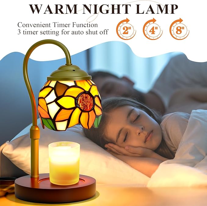 Candle Warmer Lamp - Electric Candle Lamps Timer Dimmer, Sunflower Tiffany Style Stained Glass Candle Warming Lamp Compatible with Jar Candles Gifts for Mom Friend Wax Melt Warmer for Home Decor