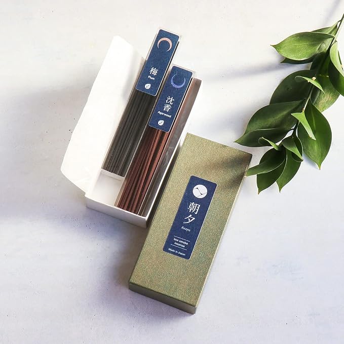 Asayu Japan Low Smoke Incense Sticks - Nature Set (Plum + Agarwood), 40gr (Each Scent 20g), for Yoga, Zen Meditation and Relaxation - Smokeless for Less Irritation