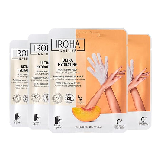 IROHA NATURE Repairing Hand Mask Gloves | 4 Pairs | Peach & Shea Butter | Hydration & Repair for Damaged & Cracked Hands | Vegan & 93% Natural Ingredients