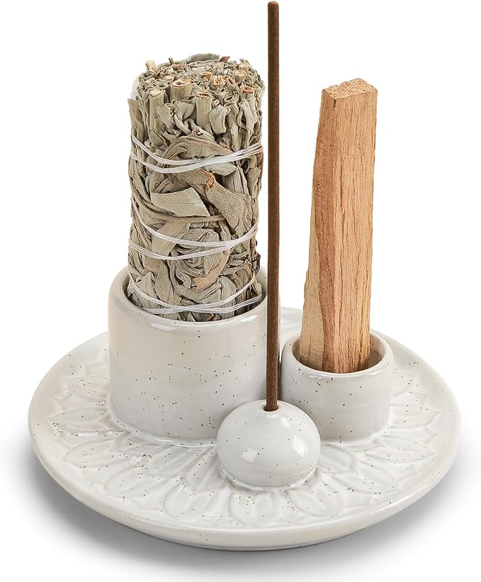 Palo Santo Sticks Holder, Multi-Purpose Handmade Ceramic Incense Burner for Palo Santo Incense Sticks, Sage Holder for Burning, Ash Catcher Tray for Meditation Yoga Room (Spotted White)