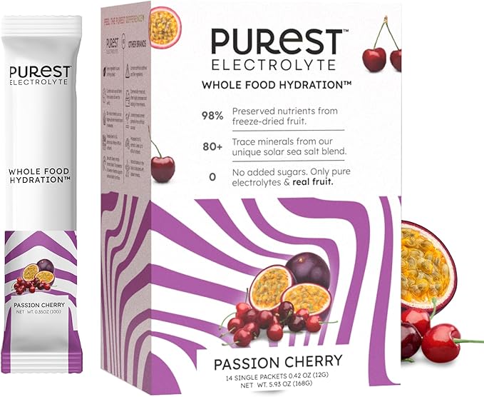Know Brainer Purest Electrolyte Passion Cherry Powder Packets – Whole Food Hydration - Organic Freeze-Dried Fruits and Solar Sea Salts for Ultimate Electrolyte Balance