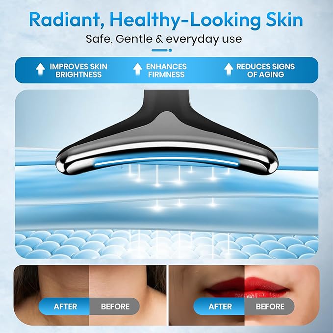 7-in-1 LED Face & Neck Massager – Skin Firming, Anti-Aging, Vibration & Heat Facial Tool for Home Use – Red & Blue Light Therapy – Model ES-1081