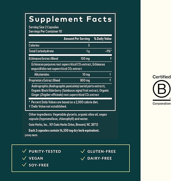 Gaia Herbs Quick Defense - Fast-Acting Immune Support Supplement* - Echinacea, Black Elderberry, Ginger & Andrographis - 20 Vegan Liquid Phyto-Capsules (2-Day Supply)