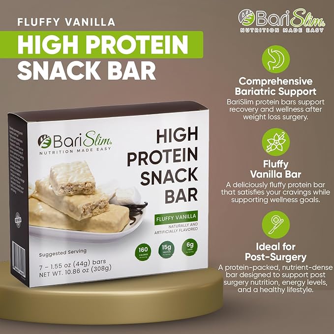 BariSlim High Protein Snack Bar for Bariatric Patients - Nutrient Rich Snack for Post-Surgery Wellness - Ideal for Weight Loss Maintenance & Daily Nutrition | Fluffy Vanilla Bar (13 oz)