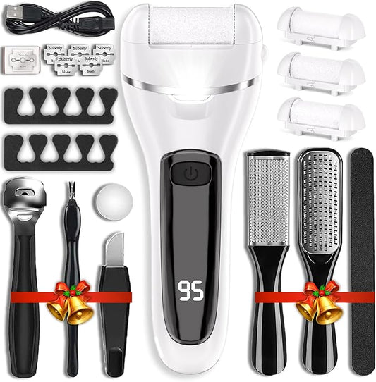 Electric Callus Remover for Feet with 3 Roller Heads 2 Speed Rechargeable Waterproof Professional Pedicure Kit 17 in 1 Foot File Tools Perfect for Dead Hard Cracked Dry Skin