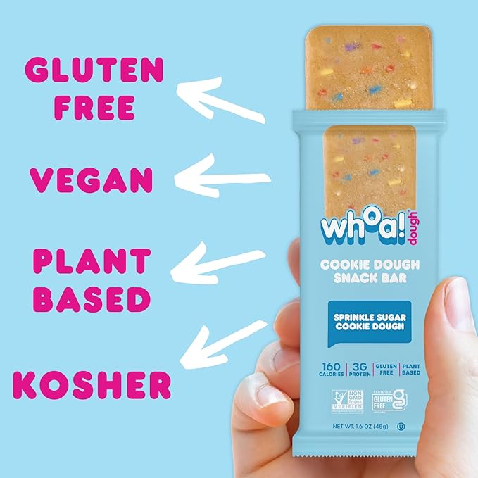 Whoa Dough Edible Cookie Dough Bars- Certified Non-GMO, Kosher and Gluten Free Bars - Healthy Snack Foods - Plant Based Snacks Made With Real Ingredients - Sprinkle Sugar Cookie Dough - 10 Pack