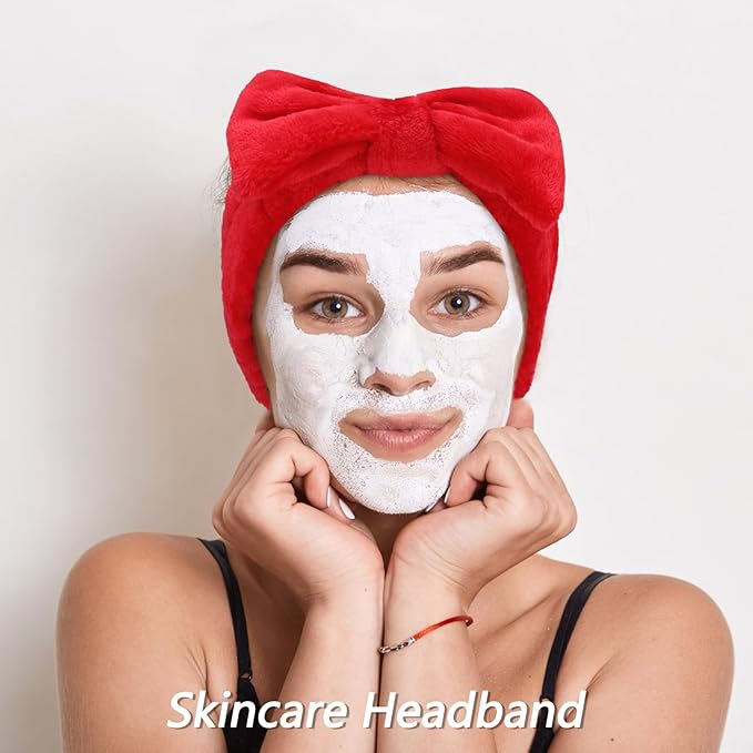 Velscrun 6 Pack Spa Headband, Makeup Headband, Face Wash Headbands, Skincare Headbands, Red Sponge Hair Band Bow Tie Spa Head Band for Washing Face Wristband Set Hair Accessories for Women Girls Gifts