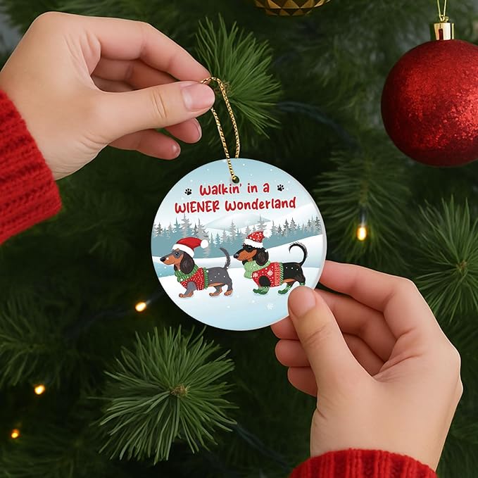 34HD Gifts for Christmas, Santa Dachshund Christmas Ornament Ceramic 2-Side Printed, Dachshund for Men Women, Christmas Hanging Decorations