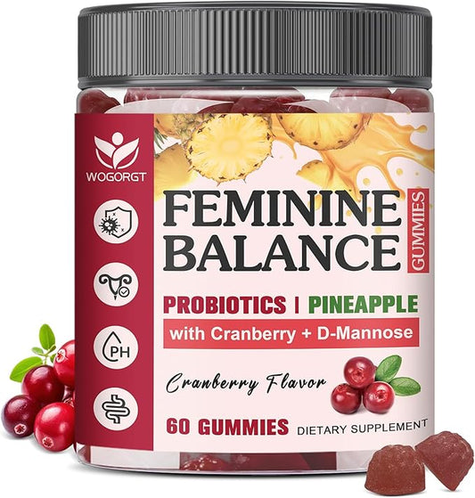 Feminine Balance Gummies for Women - Vaginal Health, pH Balance Support, Pineapple Probiotics Gummies for Women with Cranberry Extract and D-Mannose, Sugar Free, Vegan, Cranberry Flavor - 60 Ct