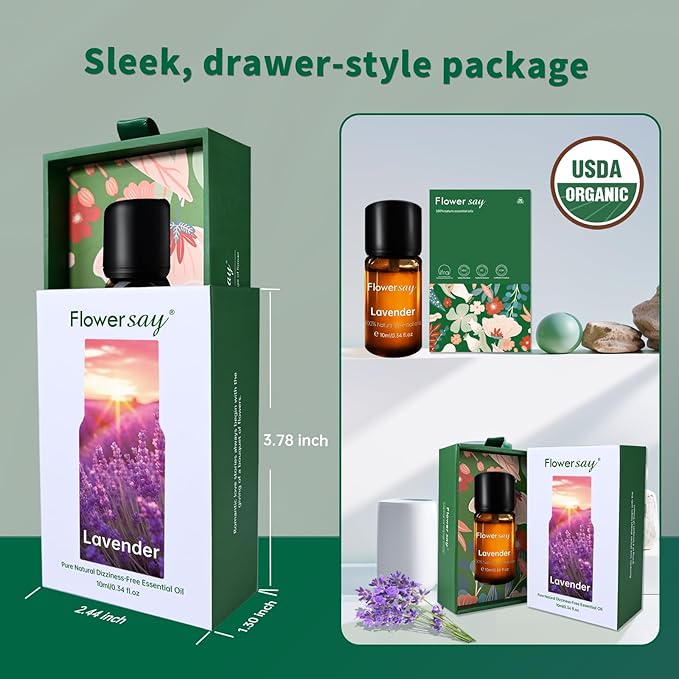 Organic Lavender Essential Oil – Calming Floral Scent, 100% Pure Natural Aromatherapy Oil for Diffuser, Skin, Hair, Sleep & Candle Making – 10ml (0.34 Fl Oz)