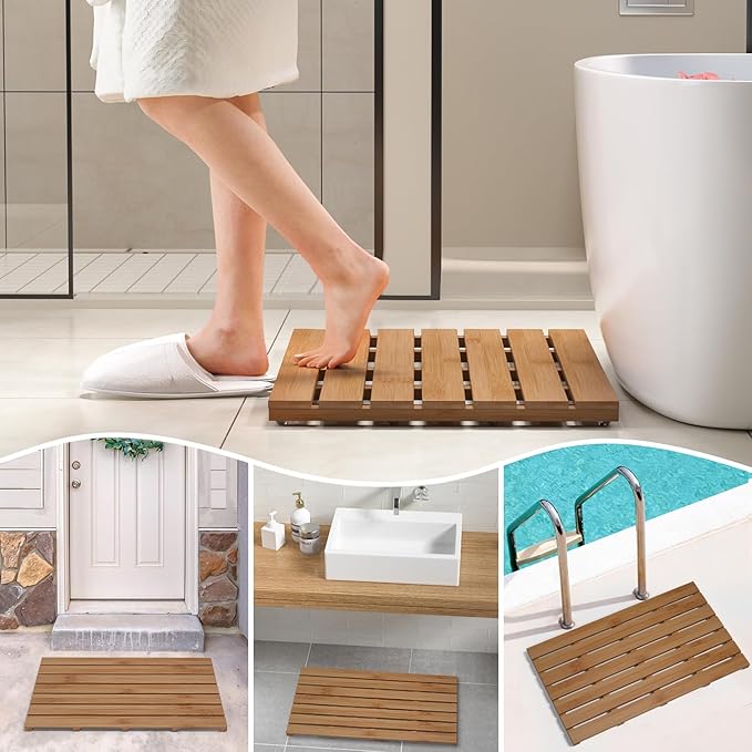Domax Wooden Bamboo Bath Shower Mat- Non-Slip Waterproof Large Bathroom Floor Mat for Indoor Outdoor (Walnut, 31.3 x 18.1 x 1.5 Inches)