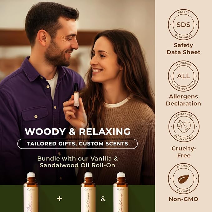 Gya Labs Patchouli Essential Oil Roll On - 0.34 Fl Oz - Travel Size Roller for Camping, Skin, Aromatherapy Relief, Convenience