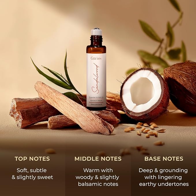 Gya Labs Sandalwood Essential Oil Roll On - 0.34 Fl Oz - Travel Size Roller for Camping, Skin, Aromatherapy Relief, Convenience