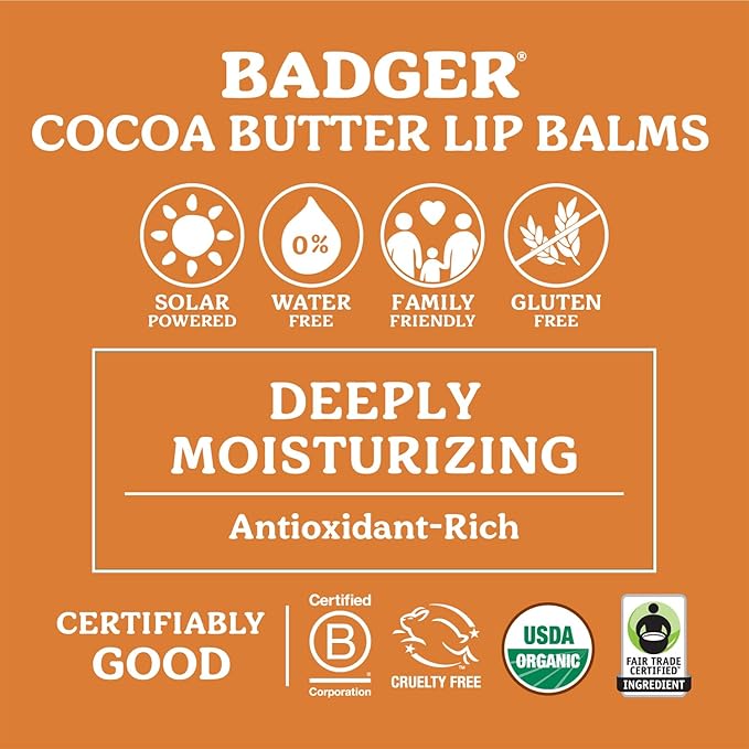 Badger Creamy Cocoa Cocoa Butter Lip Balm, Long Lasting Hydrating Lip Moisturizer, Fair Trade, Large Size Stick, 100% Organic Lip Care, 4-pack