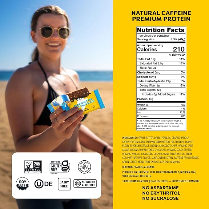 Quantum Energy Square: Energy Bar with Caffeine & 10g Protein. Delicious Healthy Snack On The Go. (Vegan, Gluten-free, Soy-free, Dairy-free) (Peanut Butter Dark Chocolate)