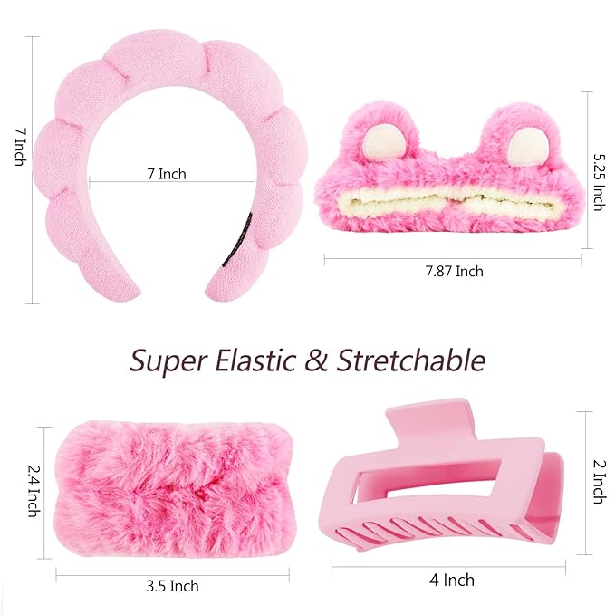 VELSCRUN Spa Headband, Makeup Face Wash Skincare Headbands, 5 Pcs Sponge Get Ready Bear Ears Hairband Facial Wristband Hair Clip Set, Stuff for Teen Girls Women Trendy Fashion Hair Accessories Pink