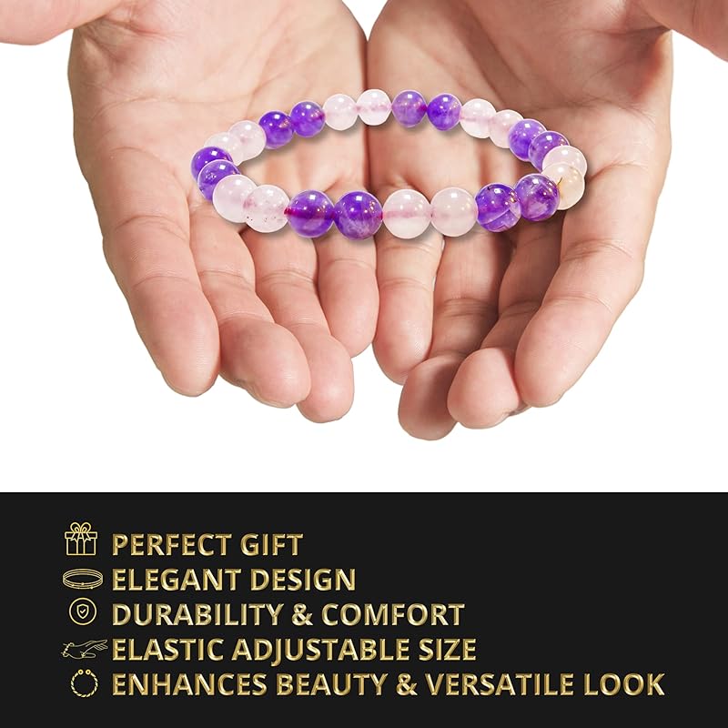 Amethyst, Rose Quartz Bracelet, Natural Healing Crystal Bracelet for Women and Men, 8mm Round Beaded Bracelet for Spiritual, Protection, Positive Energy, Elastic Adjustable Size Gemstone Bead Bracelet