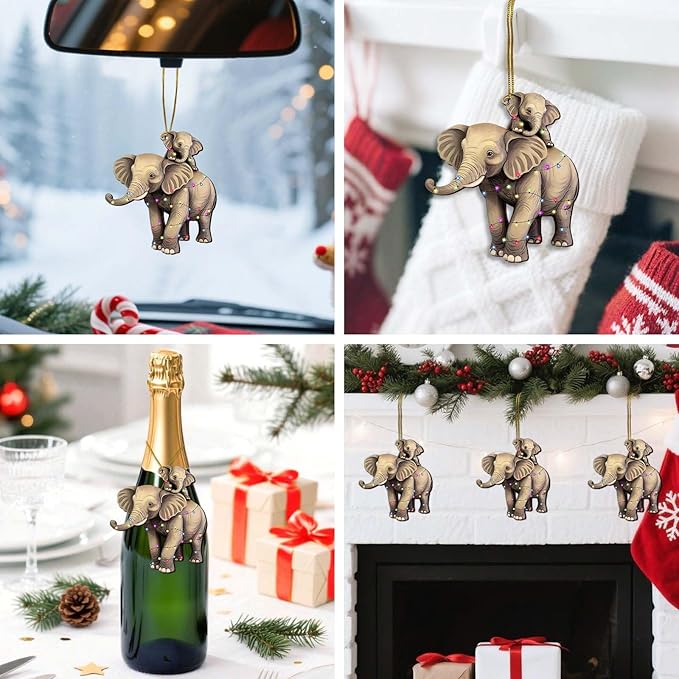 2 Side Printed Elephant Wooden Christmas Ornaments, Keepsake for Women, Men and Friends, Elephant Family Christmas Tree Ornaments, Animal Christmas Tree Decorations