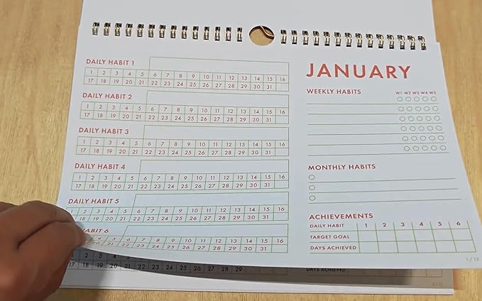 12-Month Habit Tracker Calendar – Minimalist Table Wall Planner for Goals & Productivity, Daily/Weekly/Monthly Tracking, Wire-O Hanger, Thick 200 gsm Paper, Neutral Design