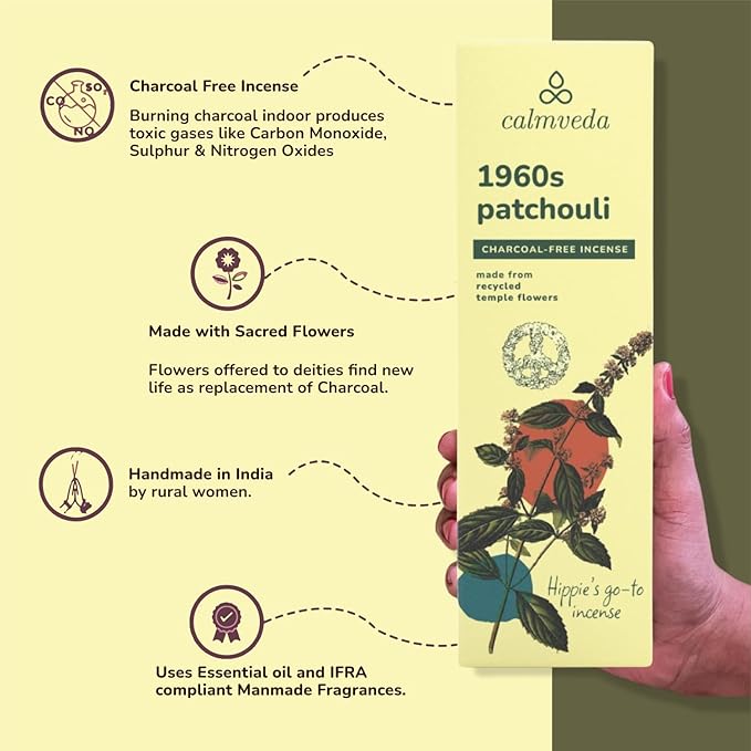 1960s Patchouli Incense Sticks Pack - (80 Sticks) Charcoal Free Incense, Made from Upcycled Flowers | Organic Incense Sticks Non Toxic | Relaxation Pachouli Incense for Calming