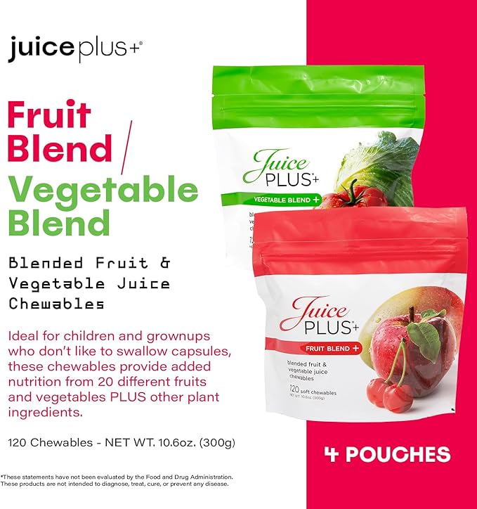 JuicePlus+ Fruit & Vegetable Blend Soft Chews - Tasty Vegan Fruit, Veggie Gummy Vitamins for Adults & Kids - 4 Month Supply 4 packs (2 of each flavor)