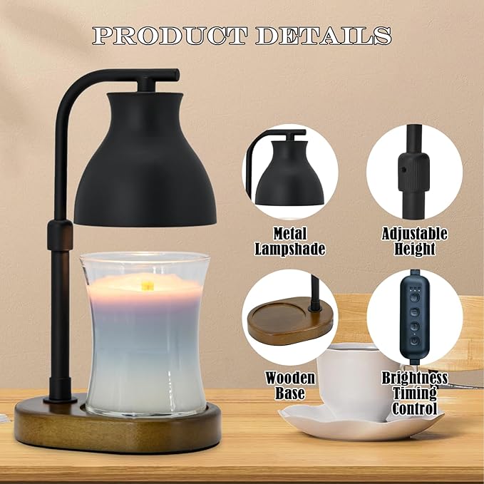 SOKCVSEA Candle Warmer Lamp - Candle Lamp Warmer with Timer Height Adjustable, Birthday Gifts for Mom Women, House Warming Gifts New Home Decor, Wax Melt Warmer with 2 Bulbs A.Black