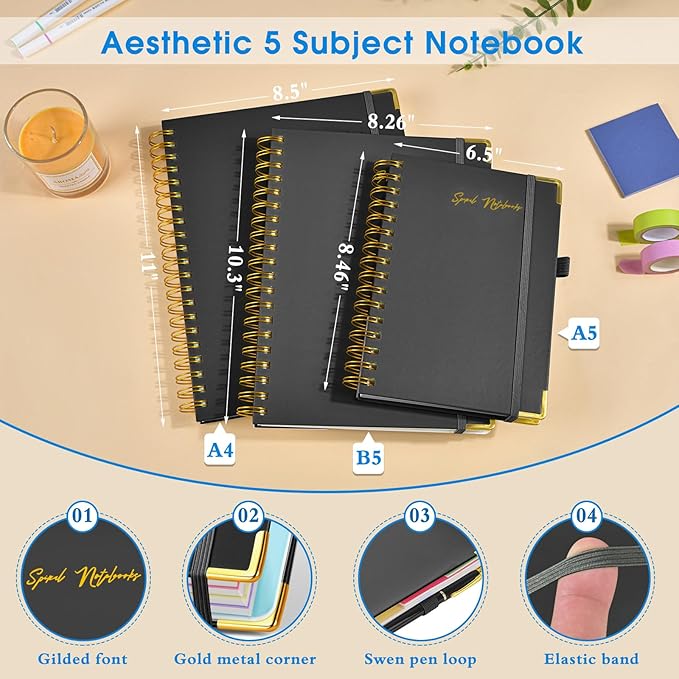 Hardcover Spiral Notebooks for Work, 5 Subject Notebook College Ruled with Dividers Tabs, Lined Organizer Notebook Journal for Women, 240 Pages Small A5 Notebooks for School Note Taking, 5x7 Black