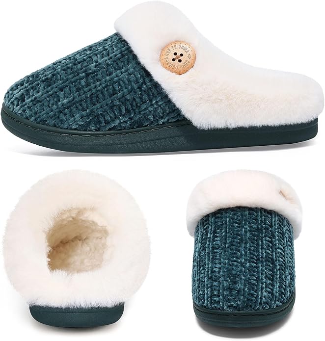Evshine Warm Knit House Slippers for Women Comfy Wool-Like Lined Chenille Slippers with Memory Foam and Indoor Outdoor Soles