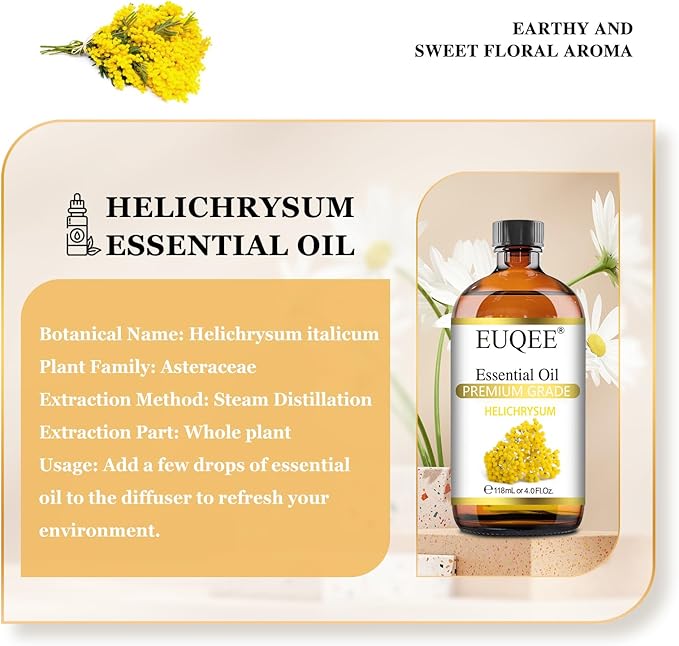 EUQEE Helichrysum Essential Oil 4 oz/118 ml Large Bottle Premium Helichrysum Oil with Glass Dropper - Great for Diffusers, Humidifier, Candle & Soap Making