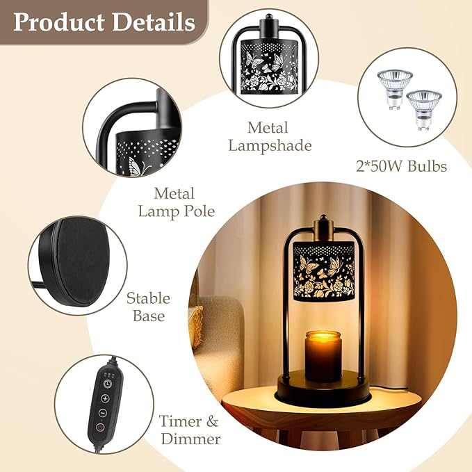 Candle Warmer Lamp Electric with Timer: Wax Melts Warmer - Dimmable Candle Warmer with Replacement Bulbs, Bedroom Home Decor Compatible with Various Candles
